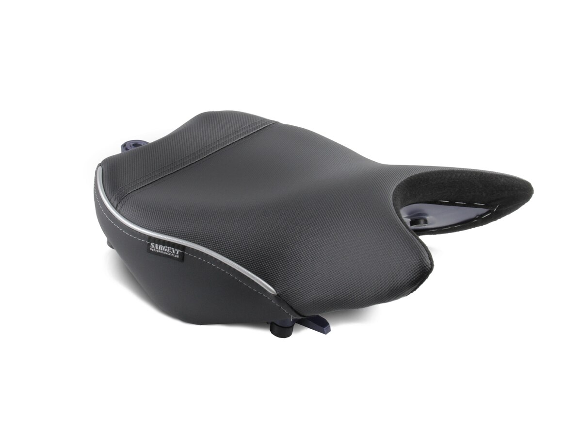Sargent's World Sport front motorcycle seat for the Suzuki GSX-S 1000 with Performance Plus motorcycle seat cover and silver welt.